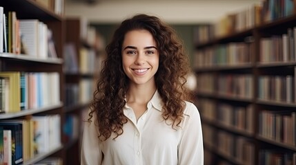 A Young Female Teacher with Wavy Hair Stands Among Bookstore Shelves, Surrounded by Books.
