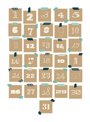  Appearance calendar. Kraft Paper Christmas Gift Labels Numbered 1 to 31. Rustic Gift Box. Eco decoration. Preparation for the celebration of New Year and Christmas. Vector flat cartoon style