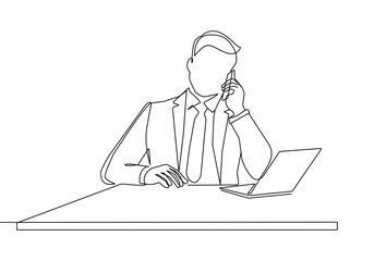 Continuous One Line Drawing of Businessman with Laptop in Office. Man Working One Line Illustration. Business Concept Abstract Linear Style. Minimalist Contour Drawing. Vector EPS 10