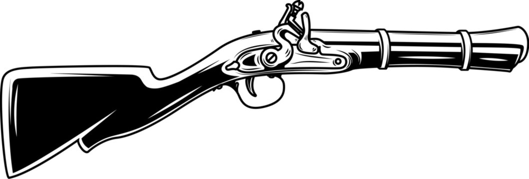 Illustration of old mushket gun isolated on white background. Design element for emblem, sign, poster, badge. Vector illustration