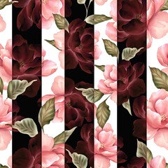 Seamless pattern with pink rose flowers. Floral background with black stripes