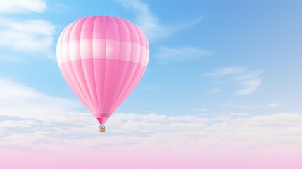 Fototapeta na wymiar a pink hot air balloon, gently gliding through the sky, its pastel tones reflecting the soft sunlight, with the backdrop of a clear blue sky enhancing its beauty, set against a spotless white surface.