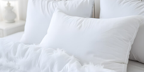 White pillows on the bed in the bedroom,White pillows, duvet and duvet case on a blue bed. White bed linen on a blue sofa, Microfiber Down Pillow