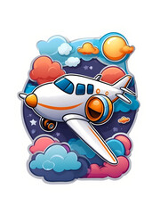 Adorable sticker featuring a cartoon style airplane surrounded by a white border adorned with fluffy clouds. Perfect for adding a playful touch to any surface, from notebooks to laptops.