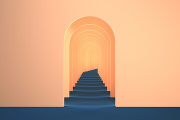 3d surreal render. Abstract arch tunnel peach pastel contrast color background.