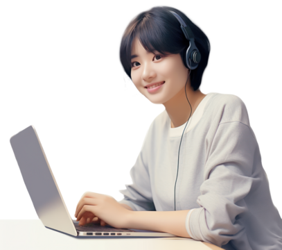 リモートで勉強をする女子学生 A 14-year-old girl doing remote learning. She white background.Generative AI