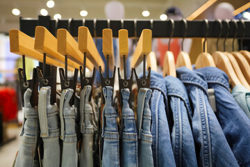 Jeans on the hanger in the store. Clothes on hangers in shop for sale. Blur background. Fashionable...