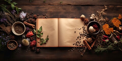 Top view of a wooden table with a magic book, herbal medicine, and ingredients.
