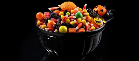 Plastic cauldron filled with Halloween candy.