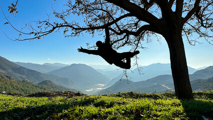 The silhouette of the man swinging on the tree and the wonderful views from the magnificent viewing...