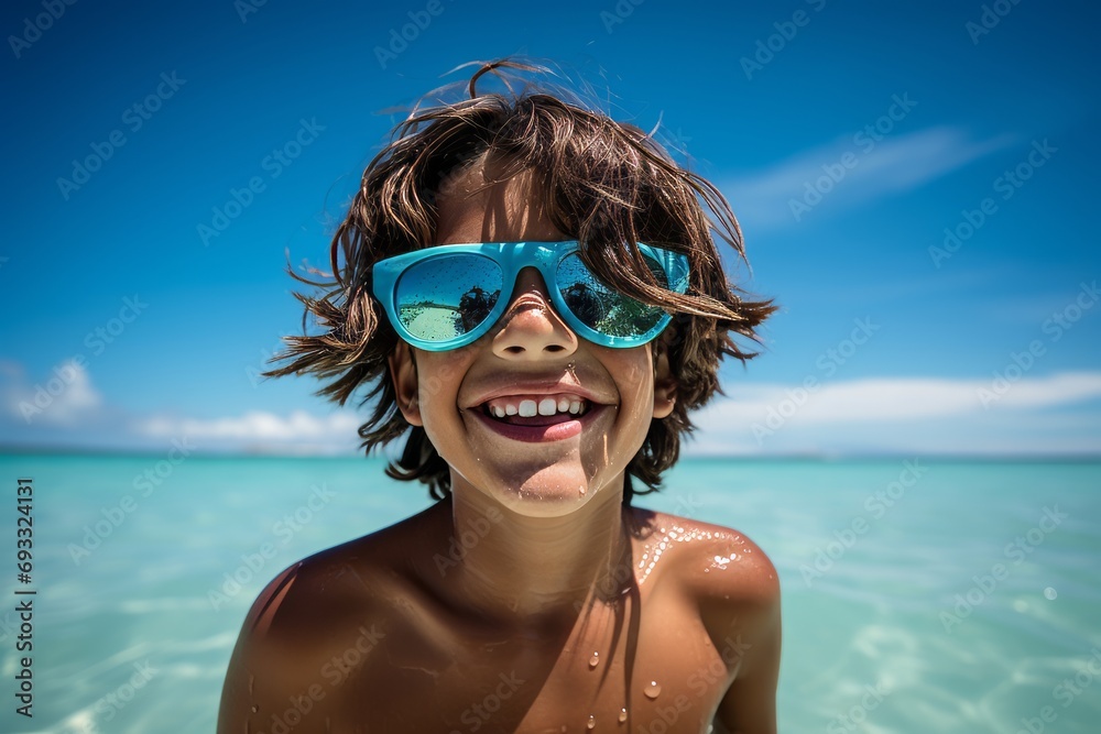 Wall mural close up portrait of a happy young boy with blue sunglasses on the beach