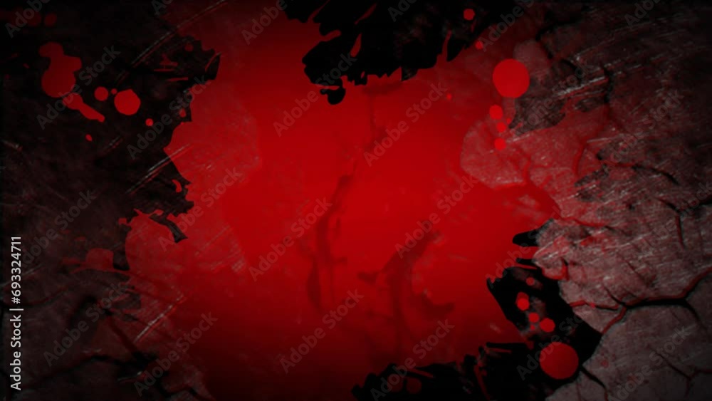 Poster animation of red splashes and moving and changing texture and copy space on black background