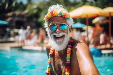 Fotobehang Portrait of senior man with white beard and sunglasses at swimming pool © igolaizola