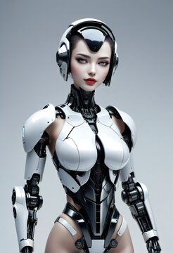 A female robot with headphones on gray background