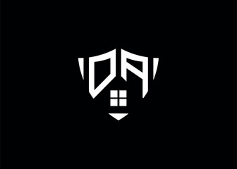 Real estate letter OA shield shape logo and house building vector template