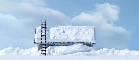 Snow bars retain on tin roof, ladder for chimney sweeping, protects from avalanche pedestrians. - obrazy, fototapety, plakaty