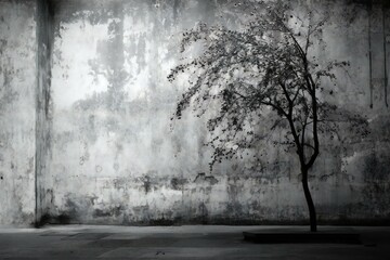 Tree on grunge concrete wall background, black and white tone