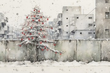 Christmas tree in the snow,  Winter landscape,  Watercolor painting