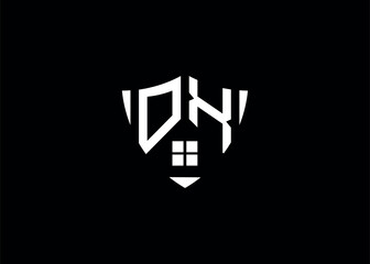 Real estate letter OX shield shape logo and house building vector template