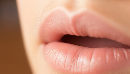 Macro shot of plump lips with a peach hue, highlighting natural texture and softness
