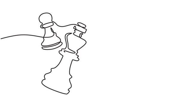 Continuous one-line animated video of chess figures moving in a game. strategy, management or leadership concept. chess game in moving line animation