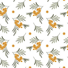 Vector seamless pattern with sea buckthorn branches and leaves. Healthy beriies wallpaper. Texture for textile or wrapping paper.