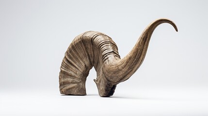 an ancient ram's horn, highlighting its historical relevance and weathered appearance, set against a pure white background for a visually pleasing contrast.