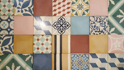 background azulejos wall mosaic tile in cement tiles typical south floor - obrazy, fototapety, plakaty