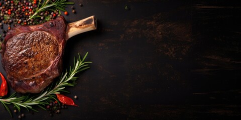 Tomahawk steak with copy space, top view, on a black wooden background. - obrazy, fototapety, plakaty