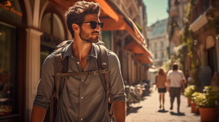 Obraz premium a man with a backpack traveling in Europe, a traveler admires the sights of a beautiful night city. active lifestyle concept.