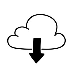 Cloud computing icon in hand-drawn style. Download files from the cloud