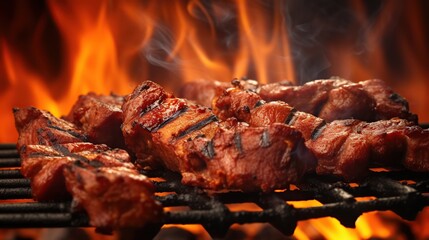 Juicy bloody steak on the grill.meat kebab shashlik on skewers and grilled, on fire background.