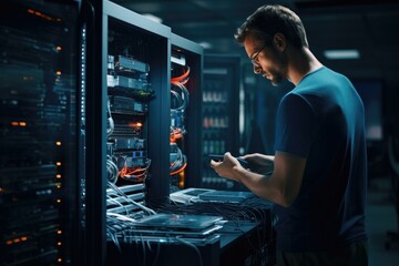 A network engineer configuring network hardware in a server room, ensuring smooth communication infrastructures. Generative AI.