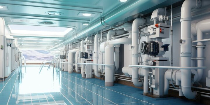A futuristic bilge water treatment area, ensuring eco-friendly operations. Advanced technology filters and purifies water for discharge. Generative AI.