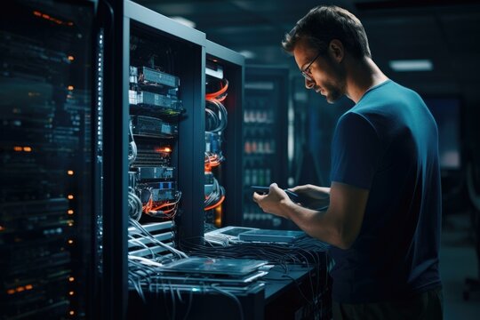 A network engineer configuring network hardware in a server room, ensuring smooth communication infrastructures. Generative AI.
