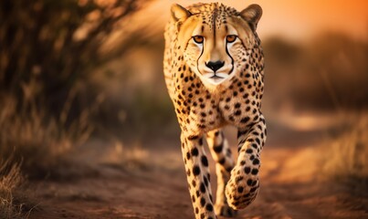 A cheetah running in the grass towards the camera