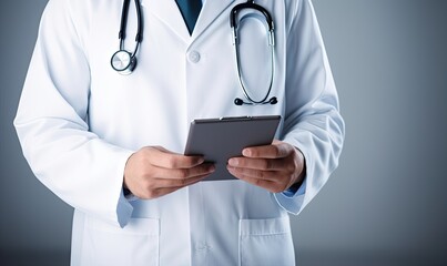 A man in a white lab coat holding a tablet