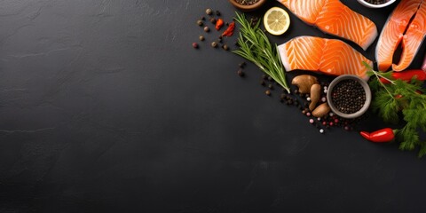 Healthy and diet seafood made from salmon, herbs, and spices on a black slate board. Keto and low...