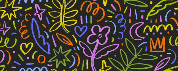 Colorful seamless pattern with charcoal botanical and childish shapes. Hand drawn flowers, leaves, crowns and stars with speckles.