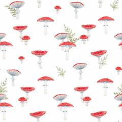 Beautiful seamless pattern with watercolor hand drawn fly agaric mushroom. Stock illustration.