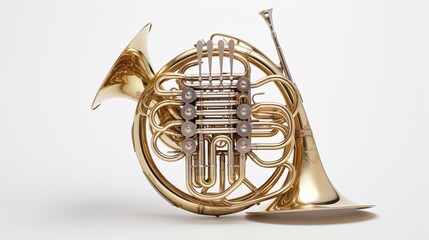 an ornate French horn, highlighting its complex tubing and rich tones, perfectly isolated against a...