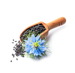 Black cumin seeds with nigella sativa on white backgrounds