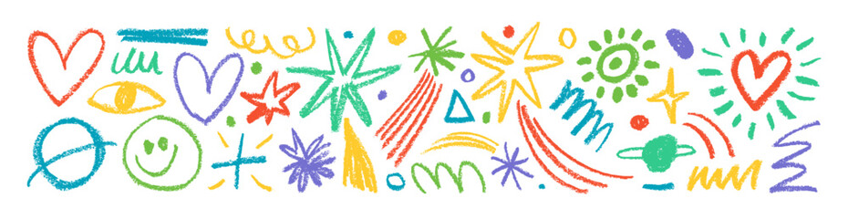 Collection colorful charcoal doodle elements like stars, planets, hearts, crescent moon and smile. © Anastasiia Hevko