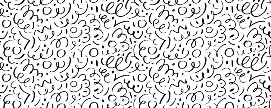 Fun line doodle seamless banner design. Charcoal chaotic strokes with rough pencil texture.