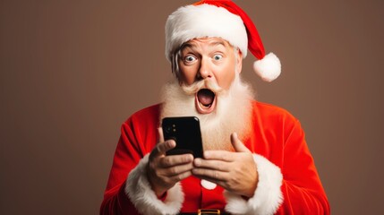 Surprised cute amazed old bearded Santa Claus wearing costume holding mobile phone using mobile app on smart phone surprised by Christmas promotion - generative ai