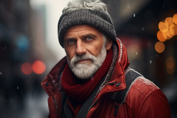 Men's casual seasonal clothing. Portrait of a senior man wearing a jacket, hat on the street on a winter evening