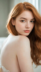Naklejka premium Young red-haired curvy woman 20 years old in lingerie in a bedroom interior at home