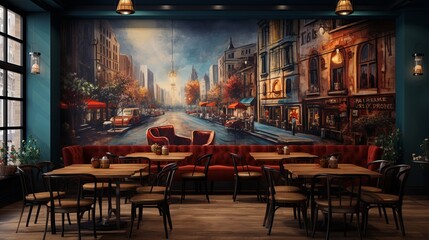coffee shop's wall mural as you zoom in closely, showcasing the intricate design and ambiance. The warm lighting of the coffee shop's interior,