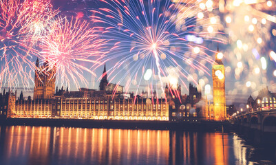 Big Ben with fireworks - celebration of the New Year at the House of Parliament, London, United...