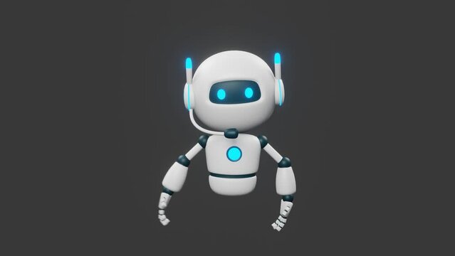 AI chat bot with headphone wave hand to say hi on black background. Artificial intelligence smart robot technology. 3D render animation with cute character.